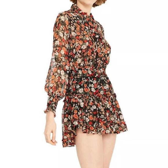 Aakaa Dresses & Skirts - Aakaa floral long sleeve mini dress orange ruffle skirt fall autumn boho